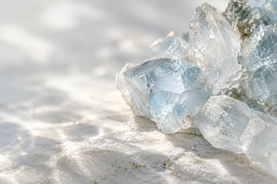 Natural crystal facets, soft blue reflections and quiet texture