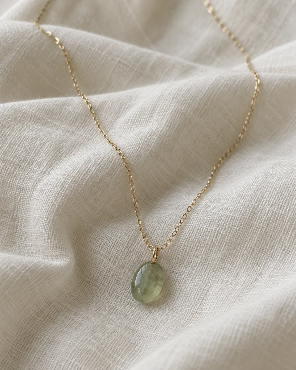 A delicate stone pendant resting against soft linen