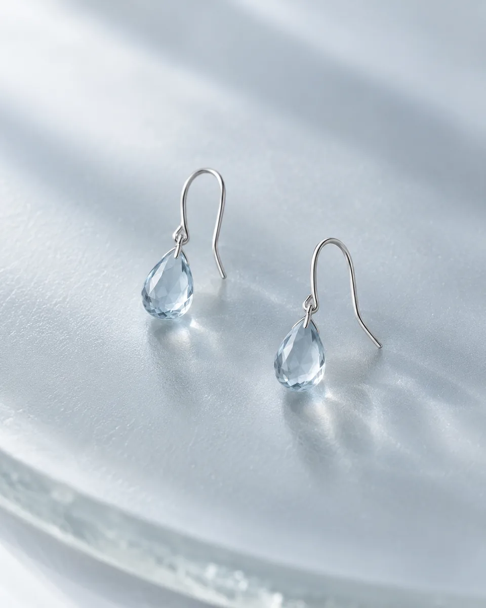 Concept: delicate blue crystal earrings on frosted glass